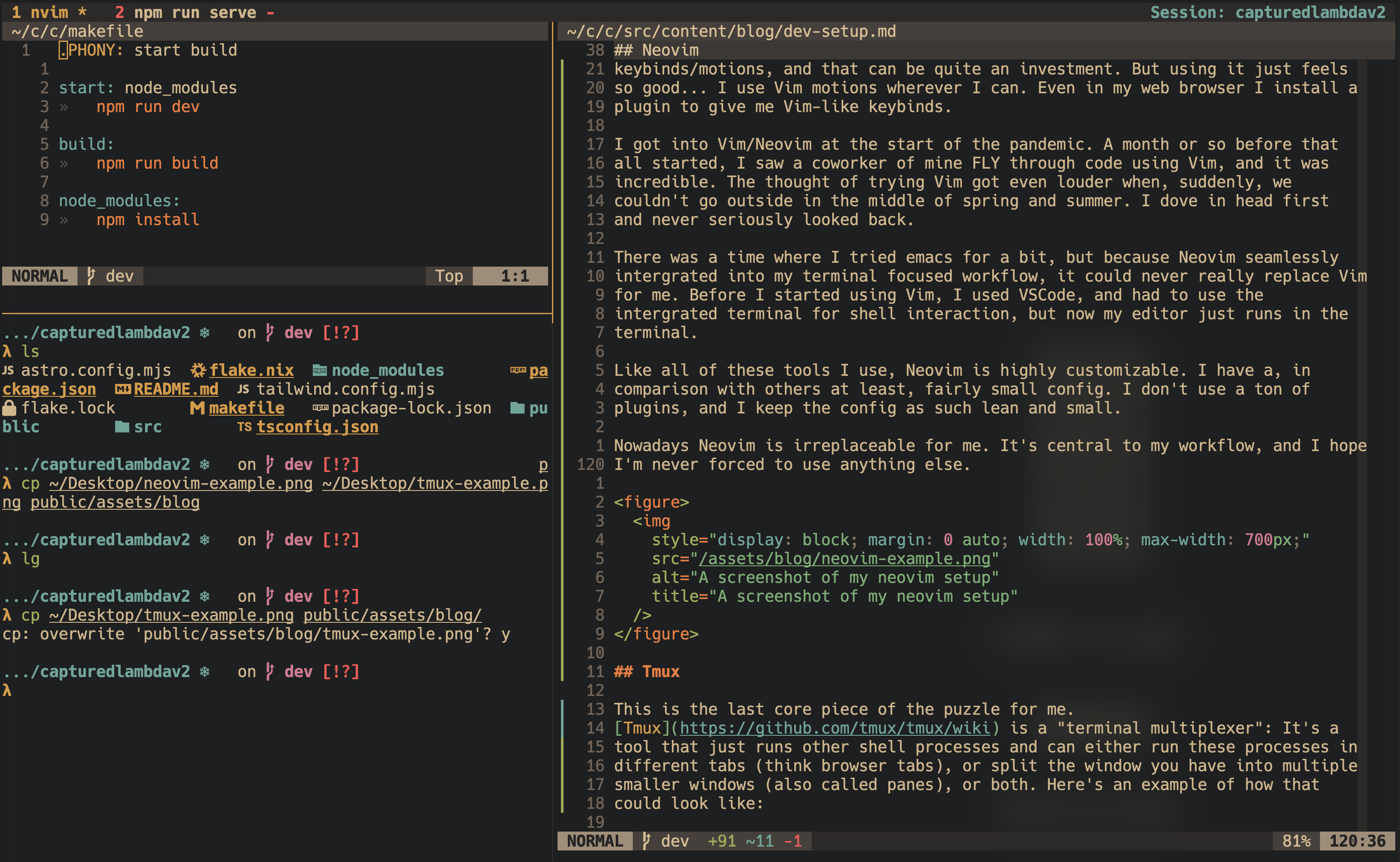 An example of my tmux workflow. A screenshot of a tmux session where I am working on this blog post to panes and tabs.